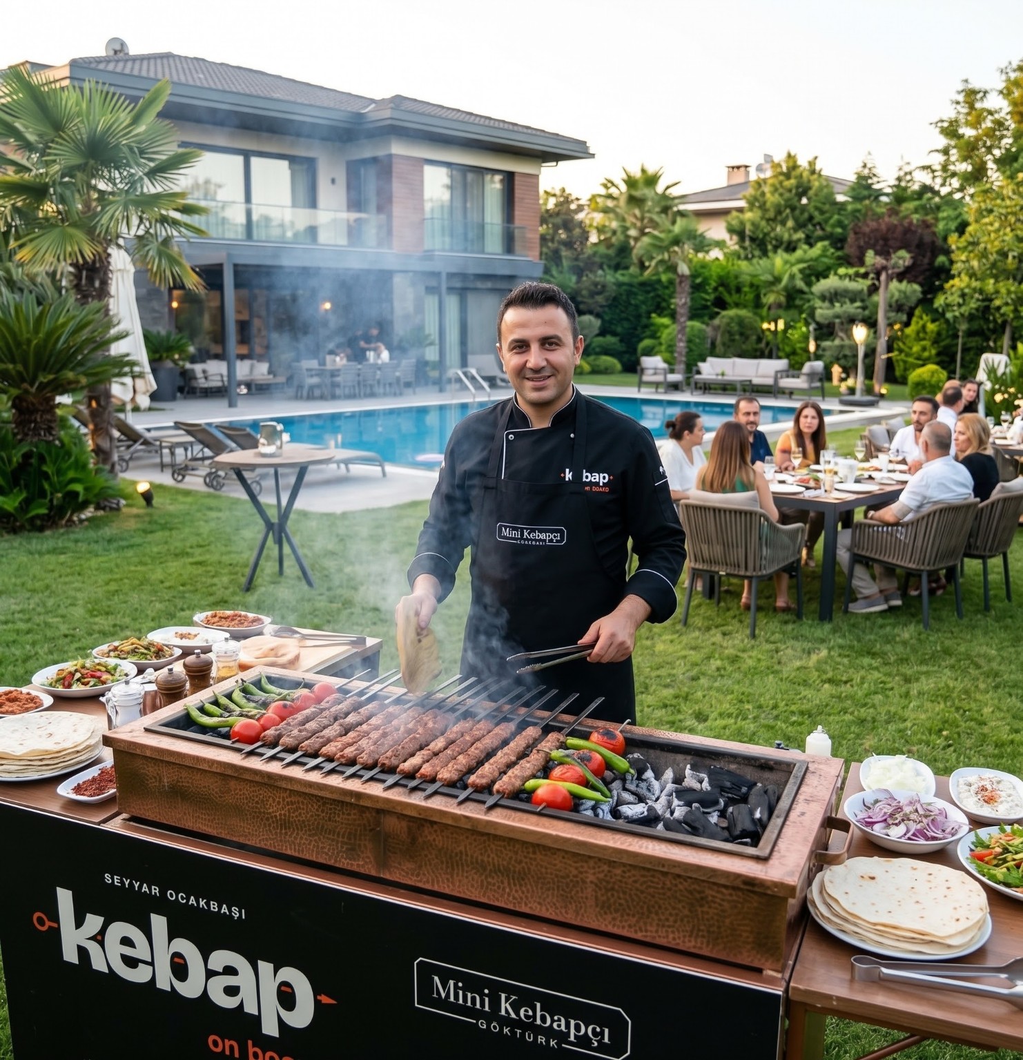 Villa bahçesinde yerinde kebap pişirme konseptini gösteren temsili görsel